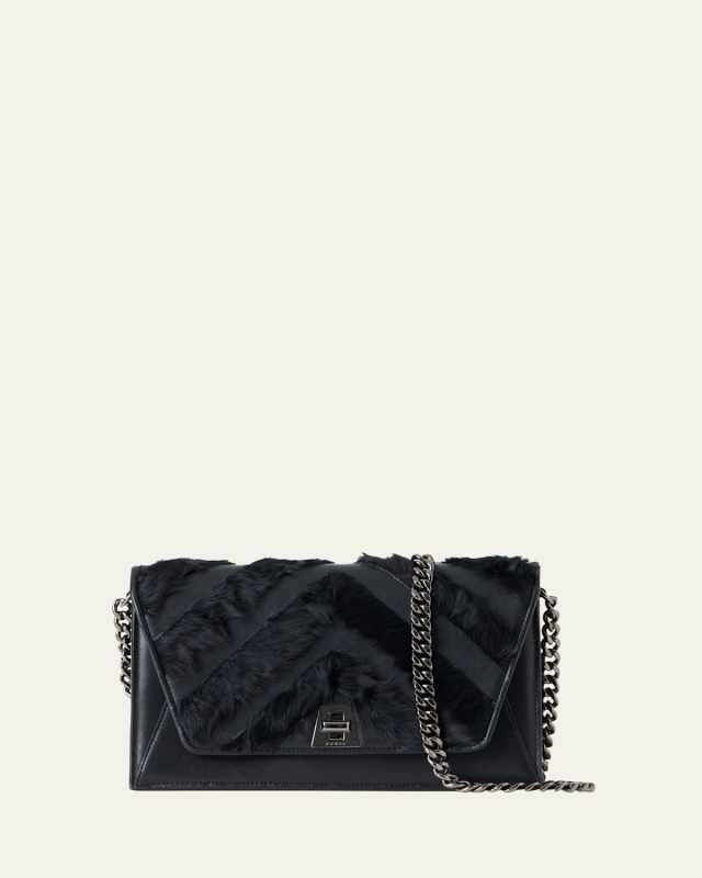 City Leather Chevron Fur Shoulder Bag